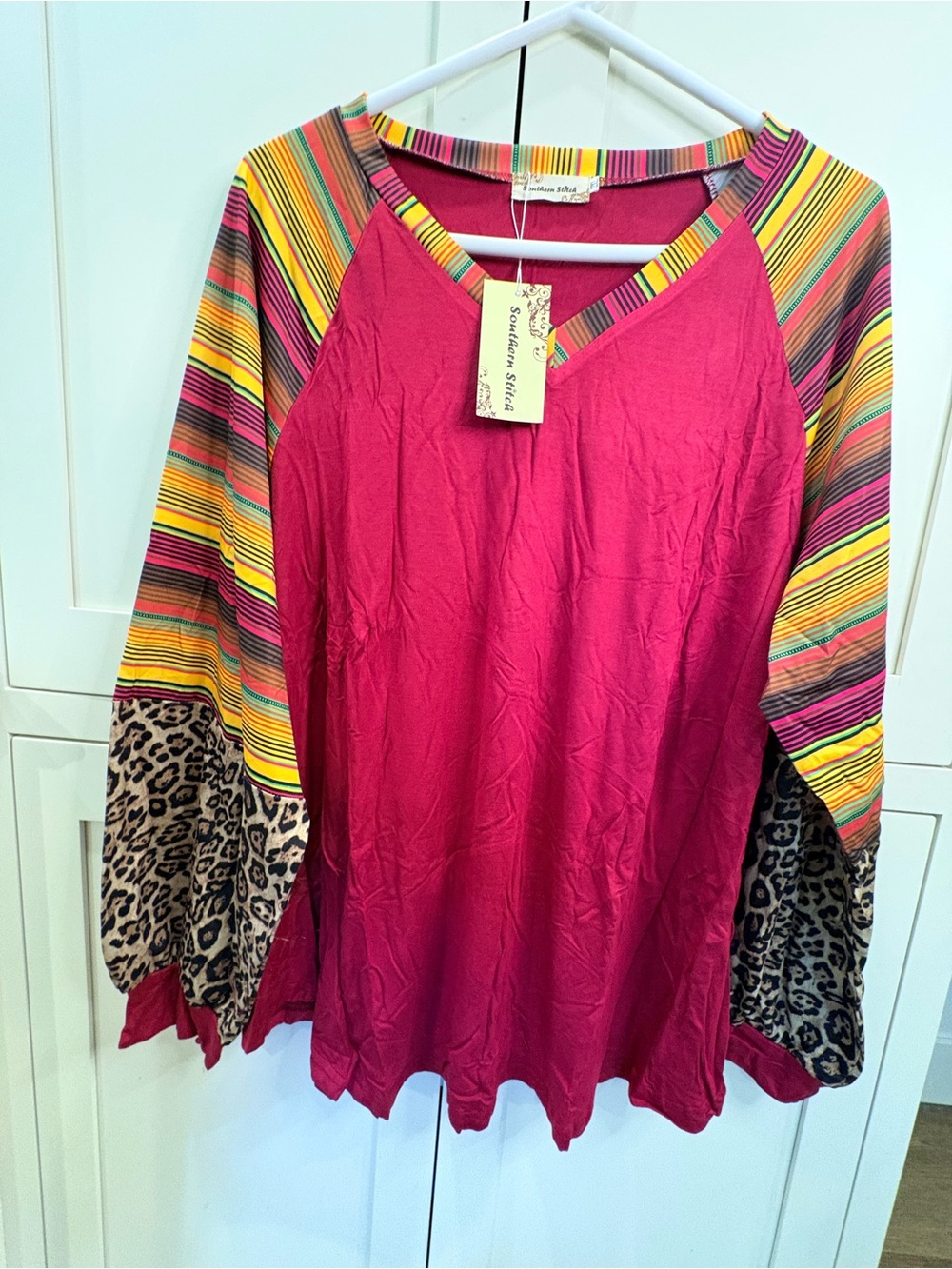 Women's Fuchsia Raglan Top with Striped & Leopard Sleeves